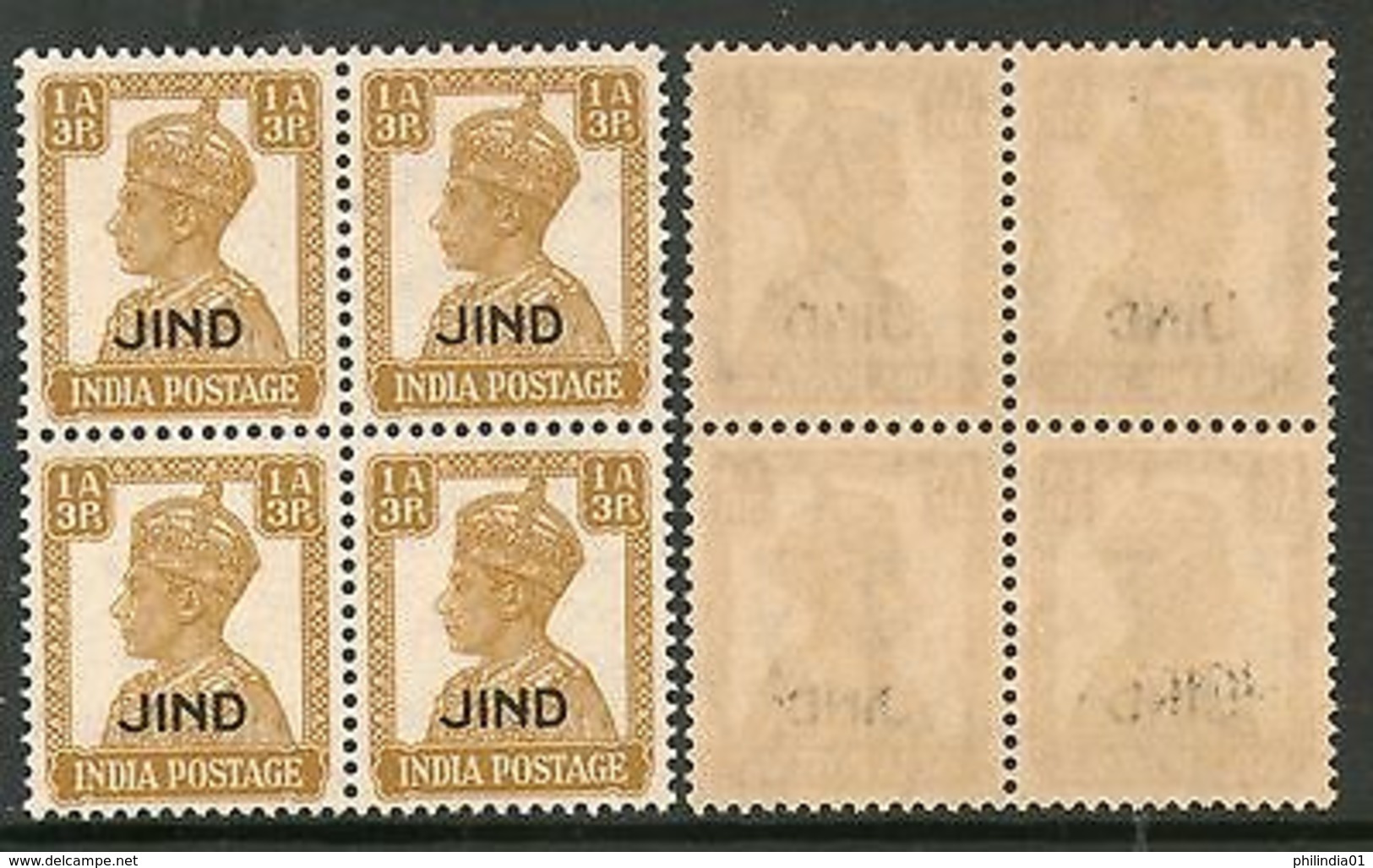 India JIND KG VI 1A3ps Postage Stamp SG 141 / Sc 169 BLK/4 Cat �4 MNH - Jhind