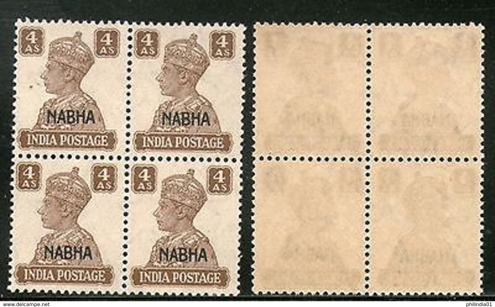 India Nabha State 4As KG VI SG 114 / Sc 109 Cat�8 BLK/4 - Nabha