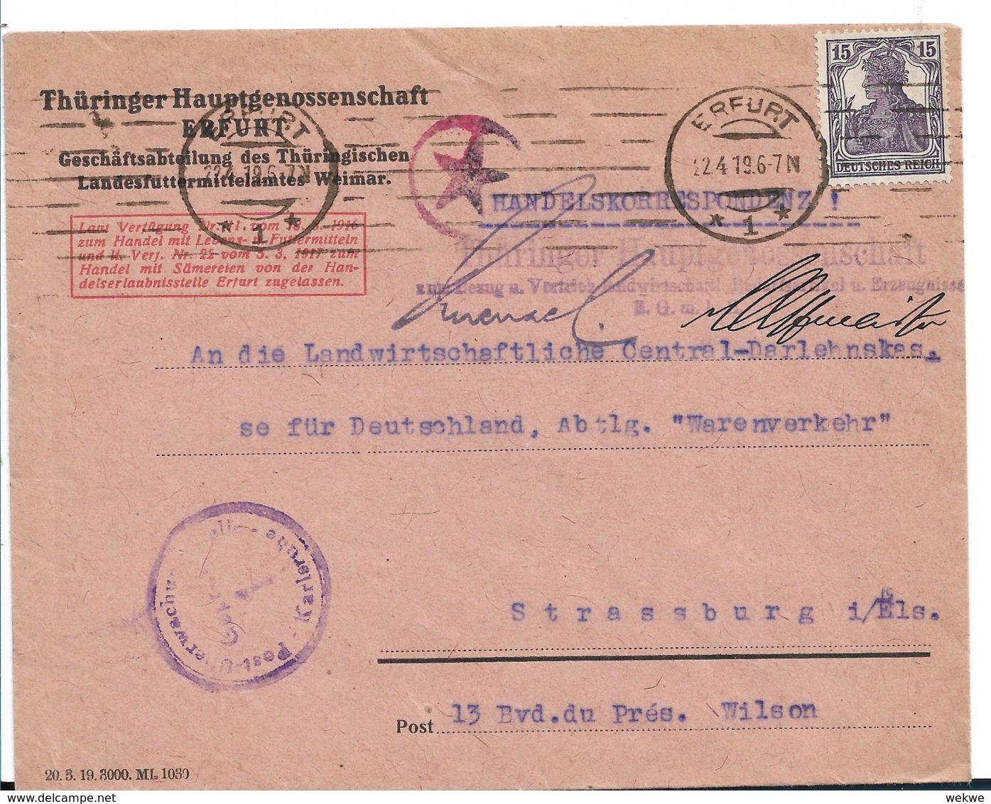 Inf251 / Infla. Erfurt 1919, Firmenbrief  Nach Strassburg, Zensiert (Devisenkontrolle) - Briefe U. Dokumente