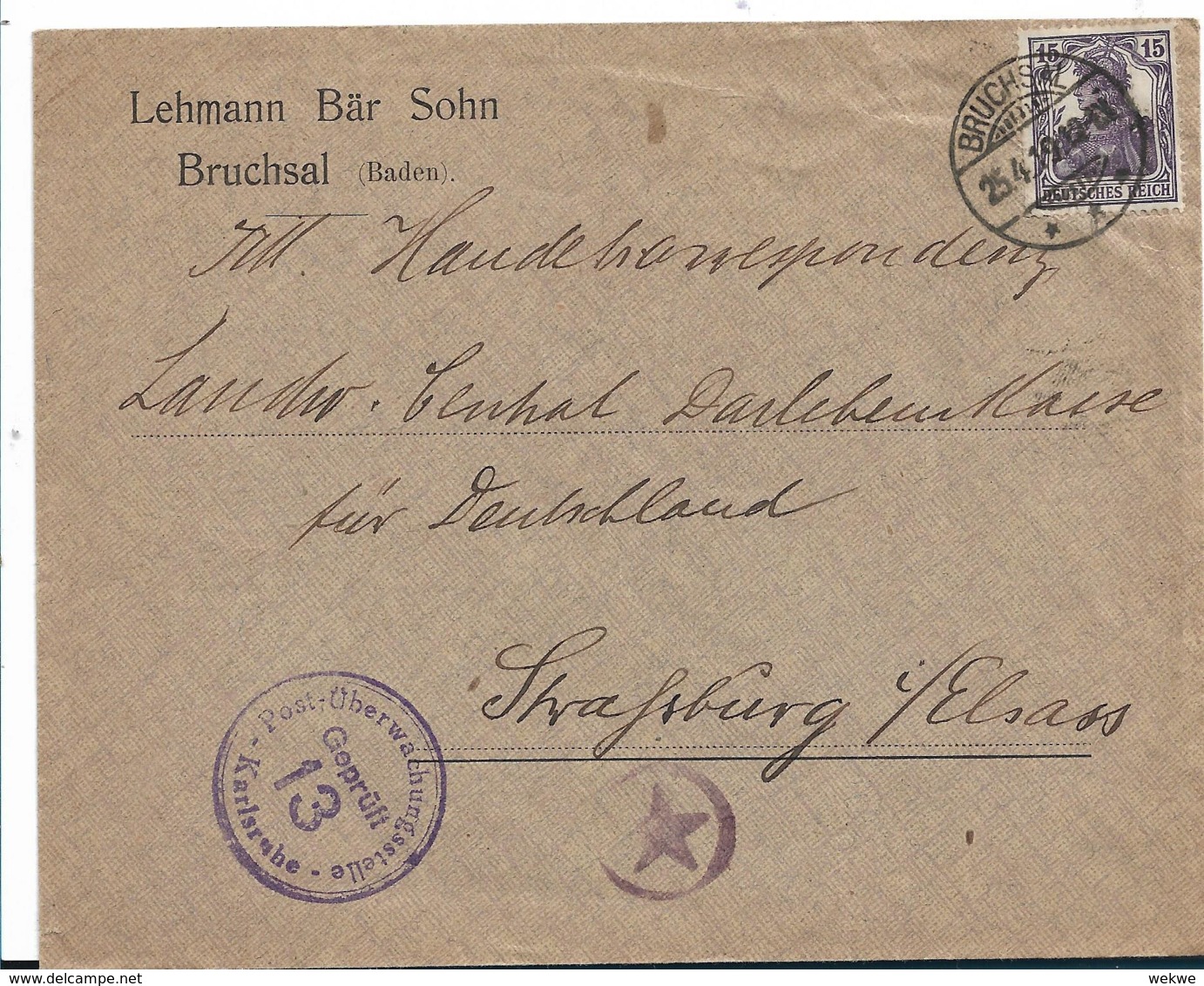 Inf252 / Infla, Bruchsaal Nach  Strassburg 1919 Mit Devisenkontrolle Und Zensur - Briefe U. Dokumente