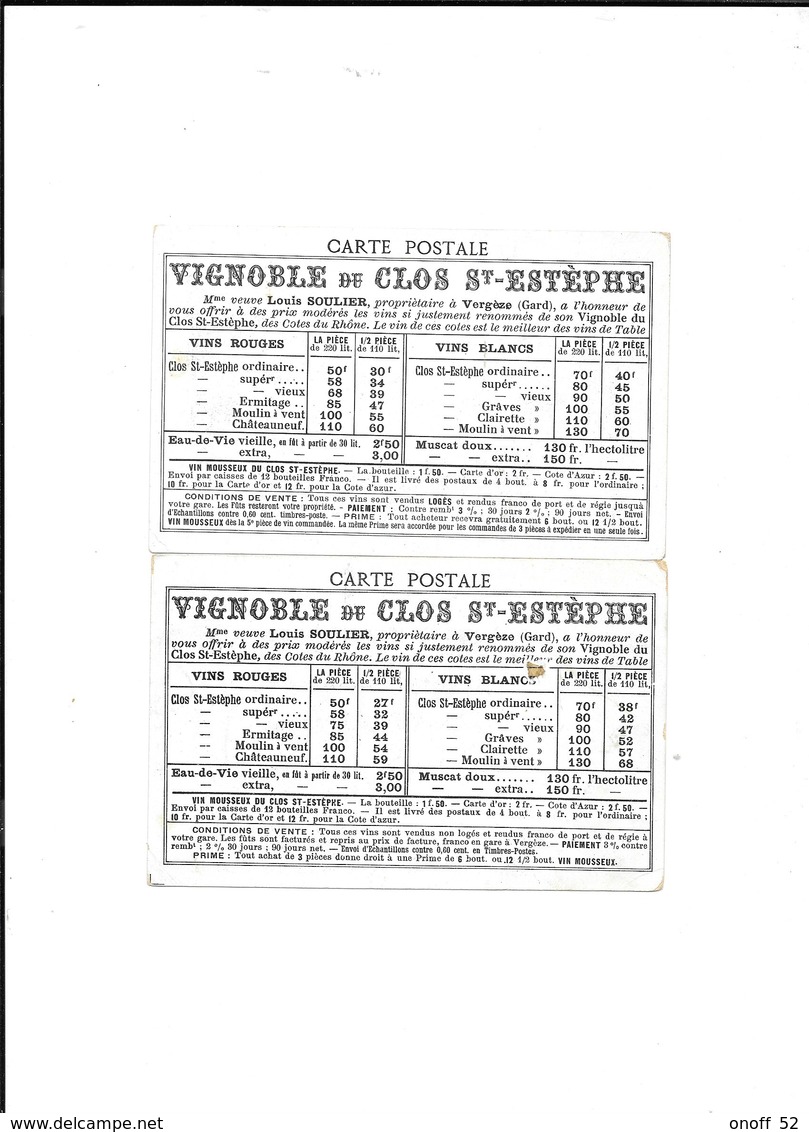 VERGEZE VIGNOBLE DU CLOS ST ESTEPHE  Mme VEUVE SOULIER VERSO PONT DU GARD 2 CPA - Vergèze