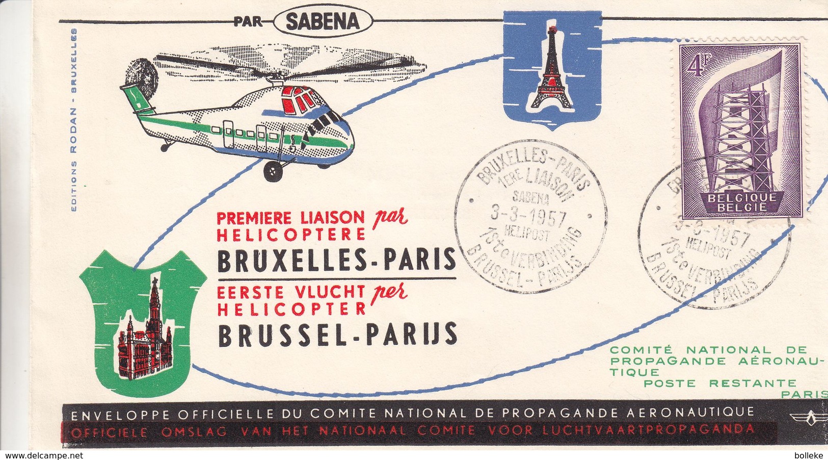 Belgique - Lettre De 1957 - Oblit Bruxelles - 1er Vol Par Hélicoptère Bruxelles Paris - Europa 56 - Lettres & Documents