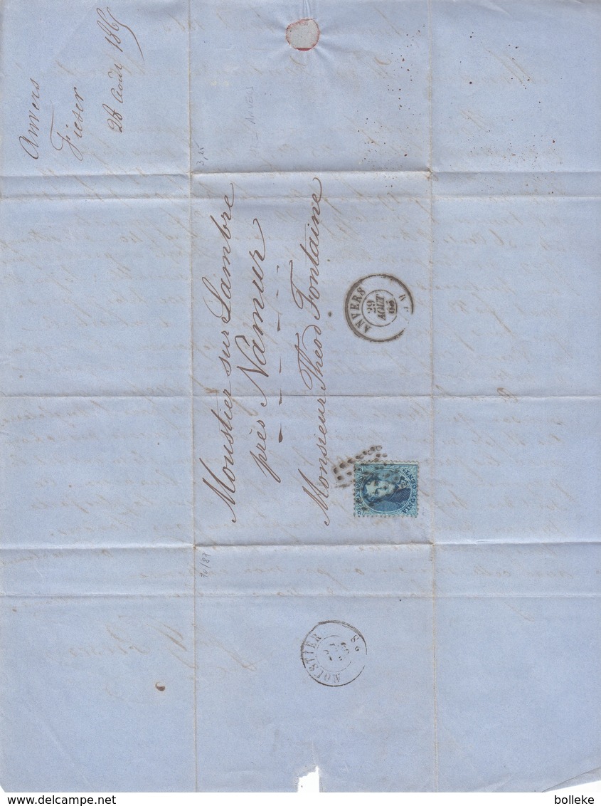 Belgique - Lettre De 1865 - Oblit Anvers - Exp Vers Moustier Sur Sambre - - 1863-1864 Médaillons (13/16)