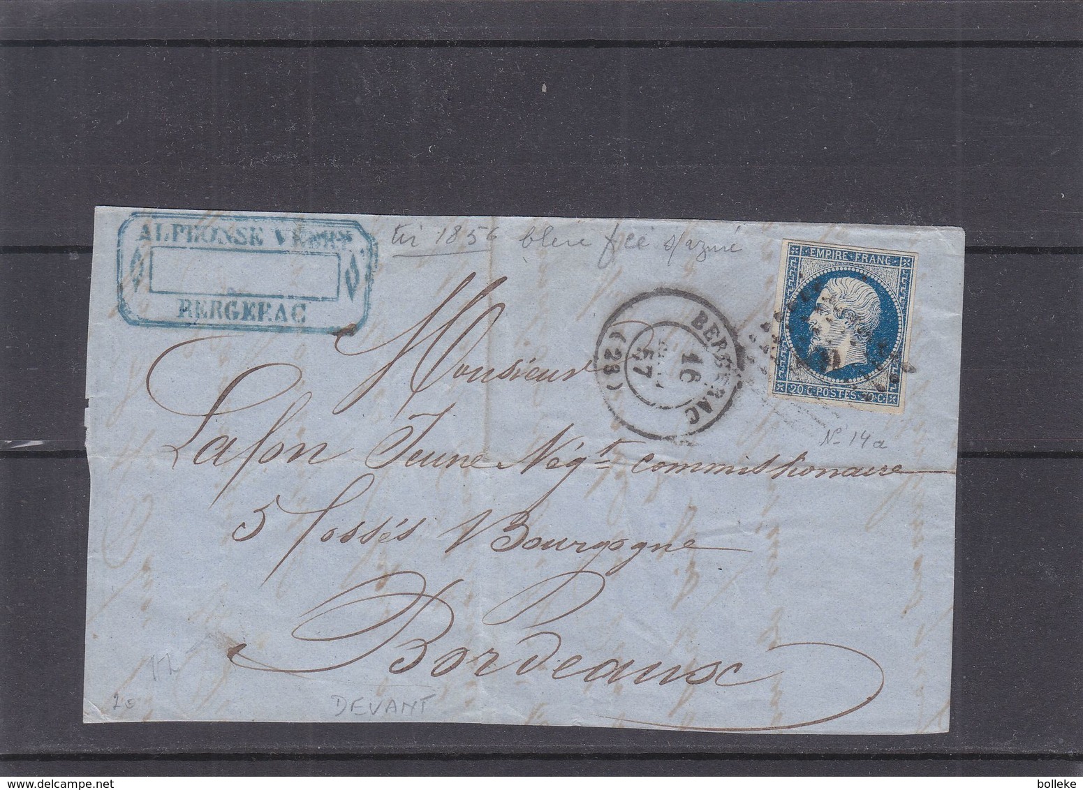 France - Devant De Lettre De 1857 - Oblit Bergerac - Exp Vers Bordeaux - Timbre 4 Marges - 1853-1860 Napoléon III