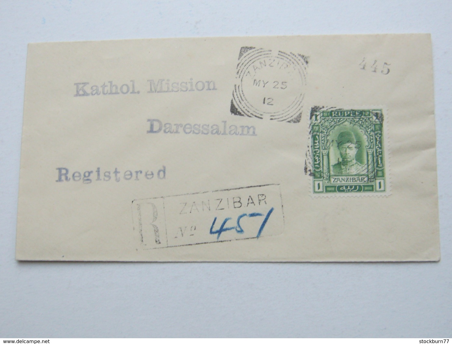 1912 , ZANSIBAR , 1 Rupiee On Registered Cover To German East Africa , Incomming Postmark On Backside - Zanzibar (...-1963)