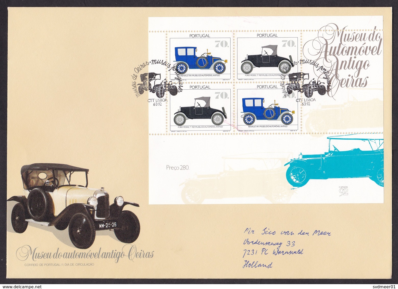 Portugal: FDC First Day Cover To Netherlands, 1992, 4 Stamps, Souvenir Sheet, Automobile Museum, Car (traces Of Use) - Brieven En Documenten