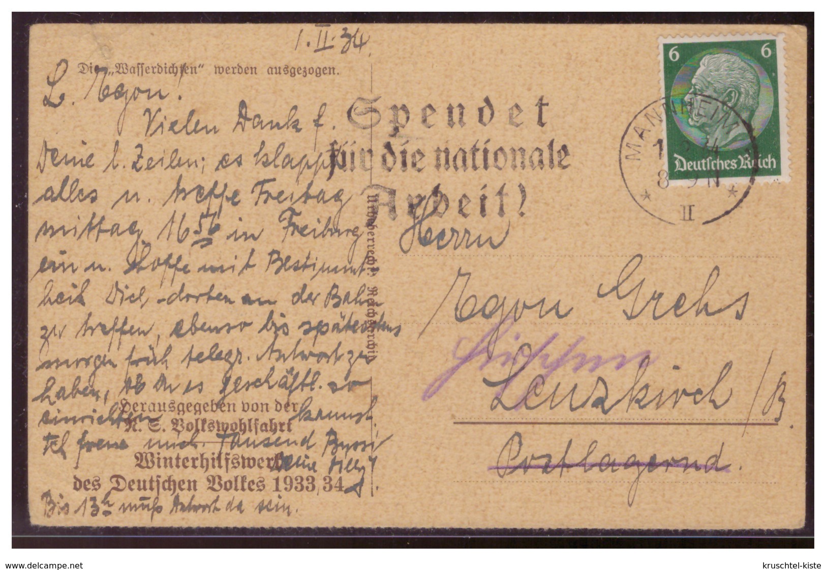 Dt-Reich (007304) Postkarte WHW 1933/ 34, Die Wasserdichten Werden Aufgezogen, Gelaufen Mannheim Am 1.8.1934 - Briefe U. Dokumente