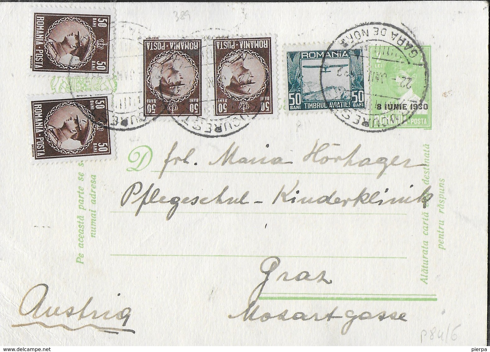 ROMANIA - CARTOLINA INTERO POSTALE (MICHEL P84/6) DA BUCAREST/GARE DE NORD 22.01.1932 PER GRAZ - TRICOLORE - Interi Postali