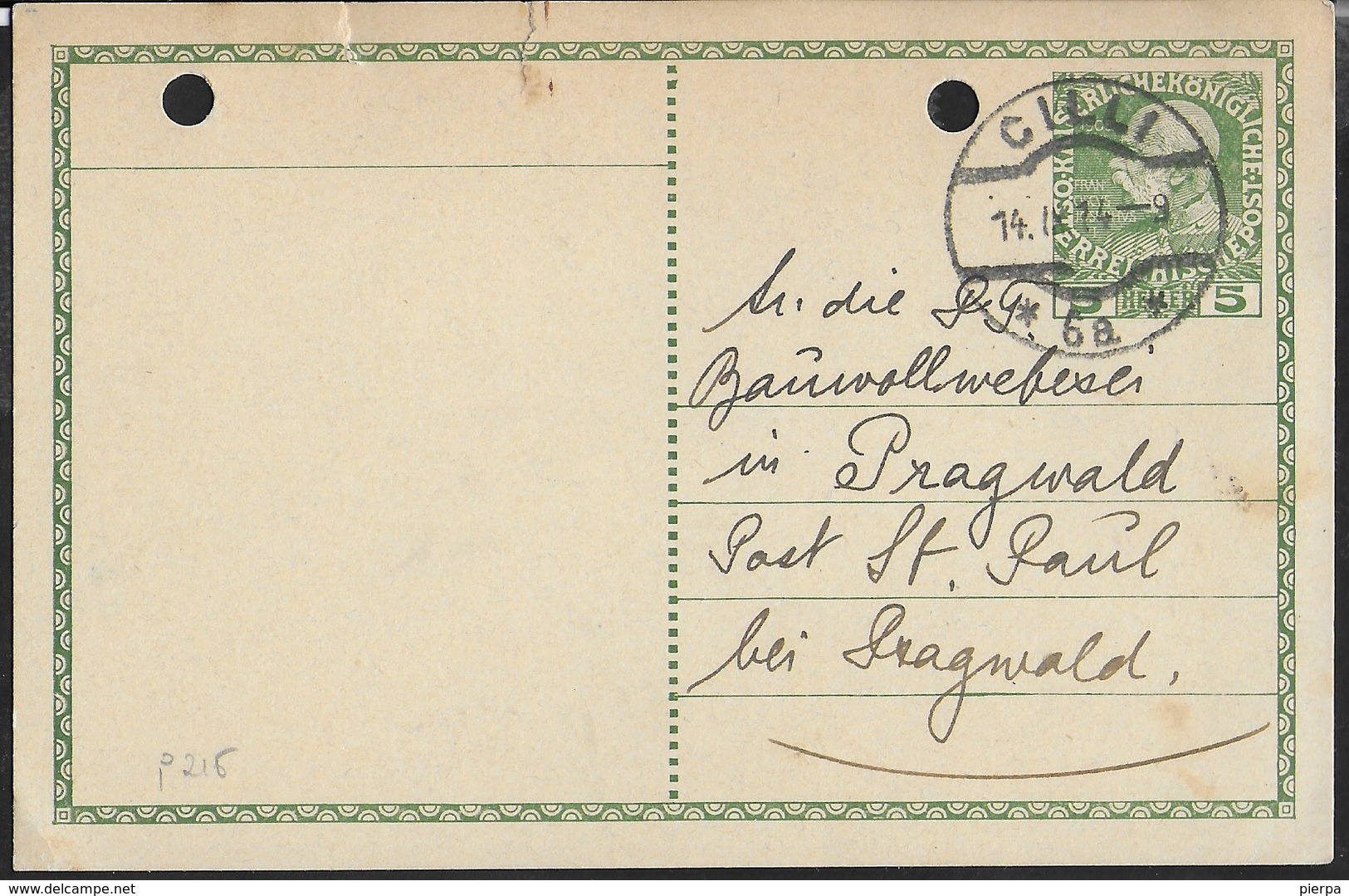 AUSTRIA - CARTOLINA POSTALE 1908 (MICHEL P216) - VIAGGIATA 14.09.1914 DA CILLI (CILLIE SLOVENIA) - Altri & Non Classificati