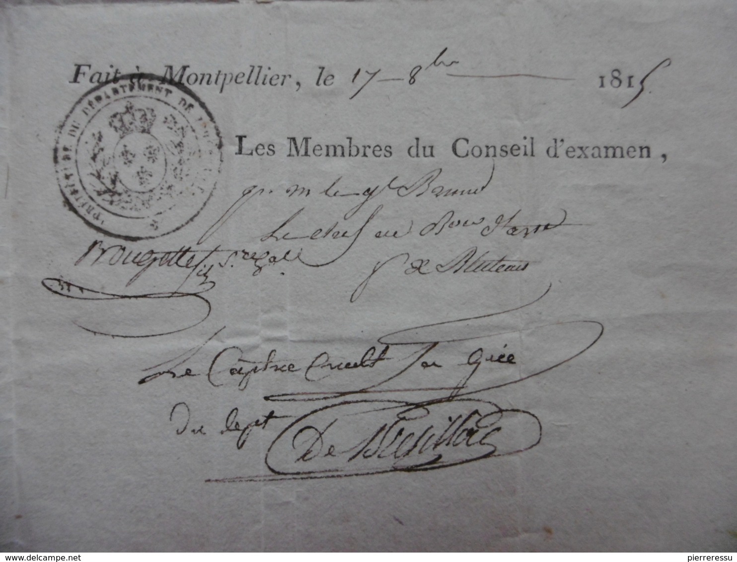 MILITARIA CERTIFICAT PROVISOIRE D EXEMPTION DE SERVICE A COMBET JEAN D ALIGNAN DU VENT 1815 CACHET SIGNATURES - Documents