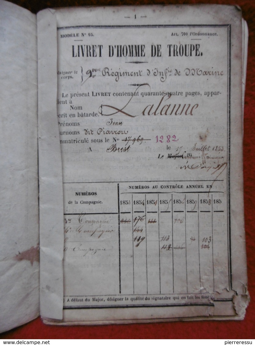 LIVRET HOMME DE TROUPE LALANNE JEAN 2è REGIMENT D INFANTERIE 1853 DE MARINE + BON POUR 840 FRANCS A VOIR - Documents