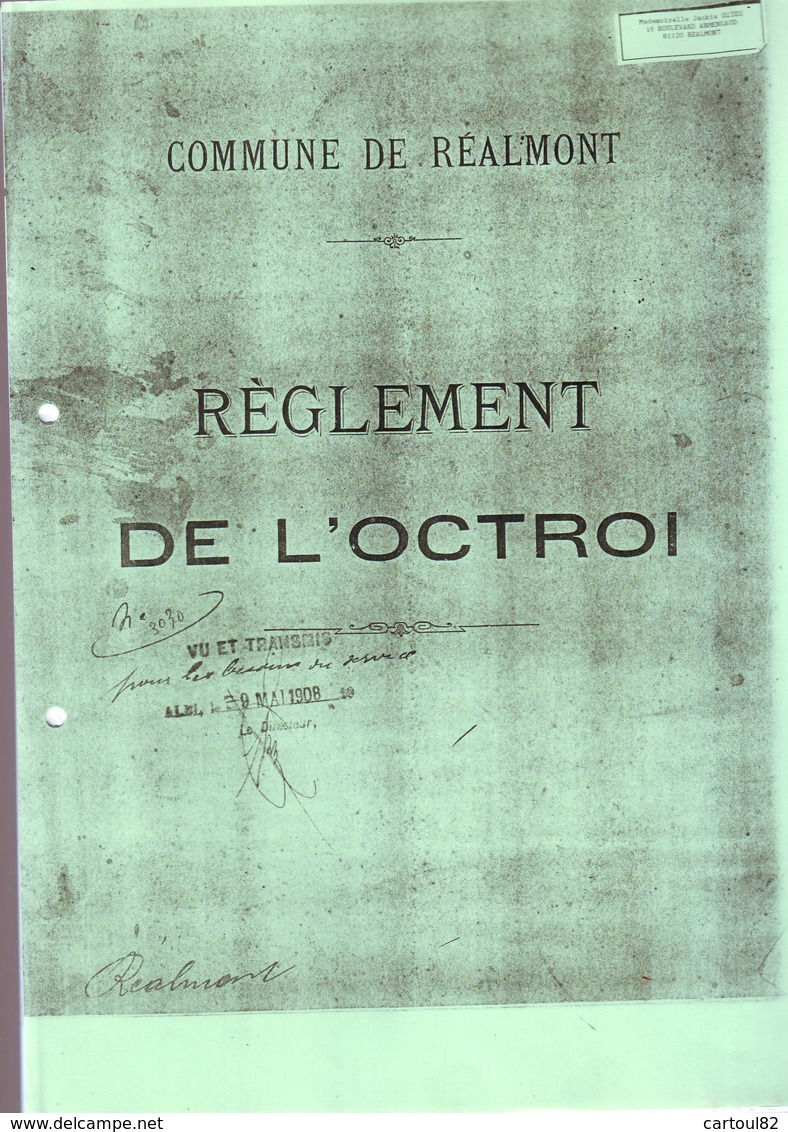 Réalmont Tarn Copie Du Réglement De L'octroi De 1908 15 Pages Bon état - Décrets & Lois