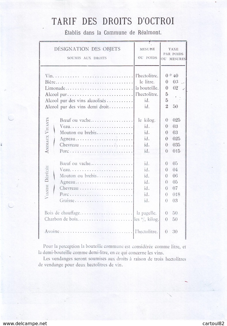 Réalmont Tarn Copie Du Réglement De L'octroi De 1908 15 Pages Bon état - Décrets & Lois