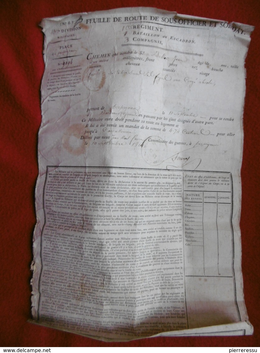 FEUILLE DE ROUTE A BELLOC JEAN 10è REGIMENT DE PERPIGNAN A BORDEAUX 1814 CACHETS SIGNATURES - Documents