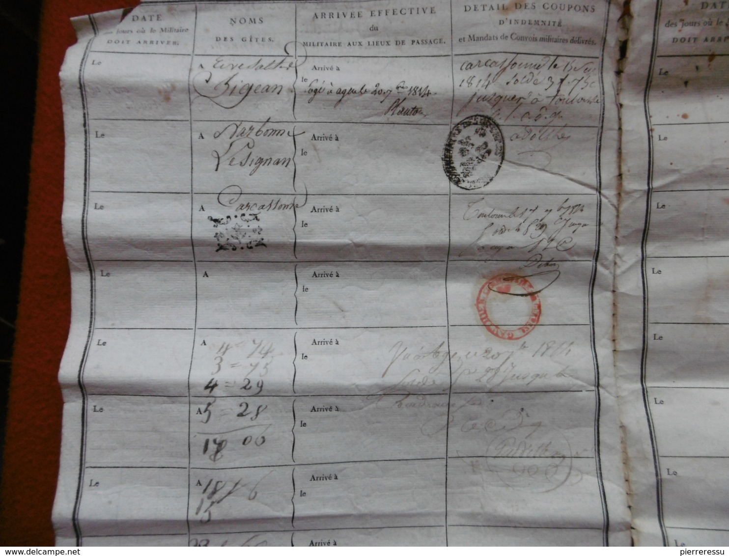 FEUILLE DE ROUTE A BELLOC JEAN 10è REGIMENT DE PERPIGNAN A BORDEAUX 1814 CACHETS SIGNATURES - Documents