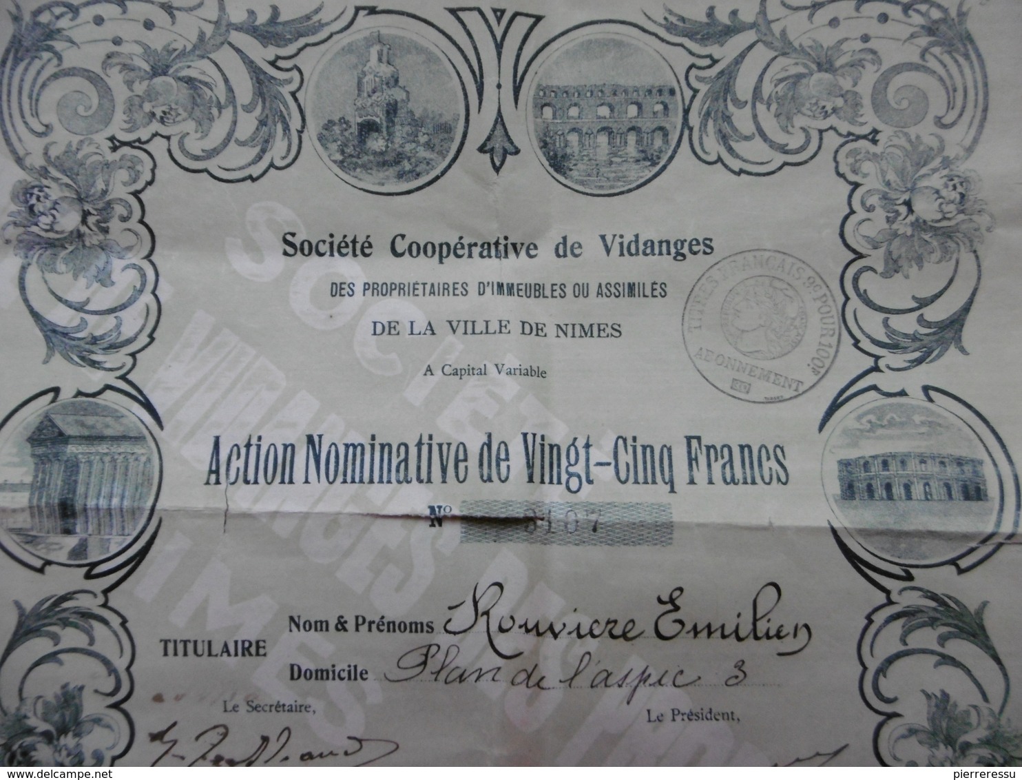 NIMES SOCIETE COOPERATIVE DE VIDANGES ACTION 25 FRANCS - Autres & Non Classés