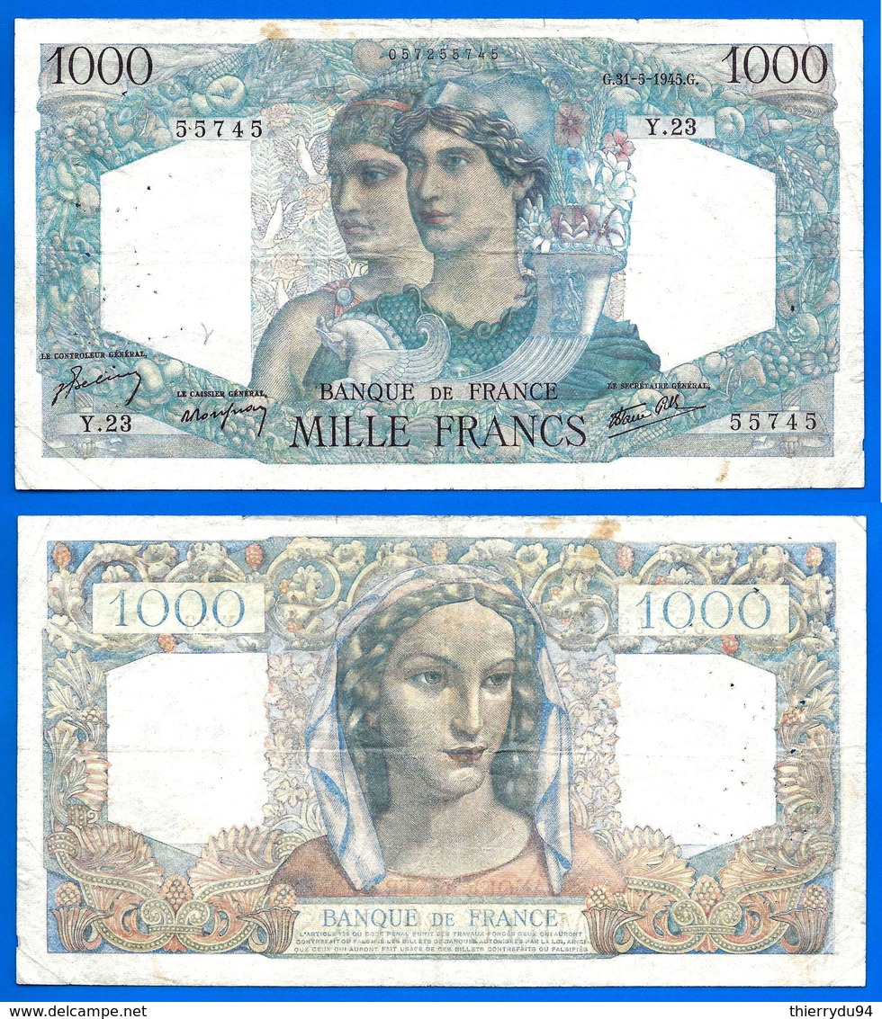 France 1000 Francs 1945 31 May Prefix Y Minerve Mercure Que Prix + Port Grand Billet Frcs Frc Paypal Skrill Bitcoin OK - 1 000 F 1927-1940 ''Cérès Et Mercure''