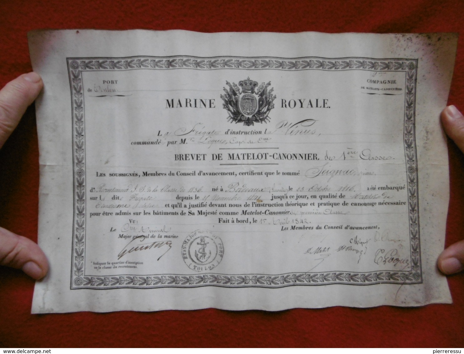 MARINE ROYALE BREVET DE MATELOT CANONNIER 2è COMPAGNIE A SEIGNAC PIERRE FREGATE D INSTRUCTION LA VENUS 1842 LOQUE CAPITA - Documents