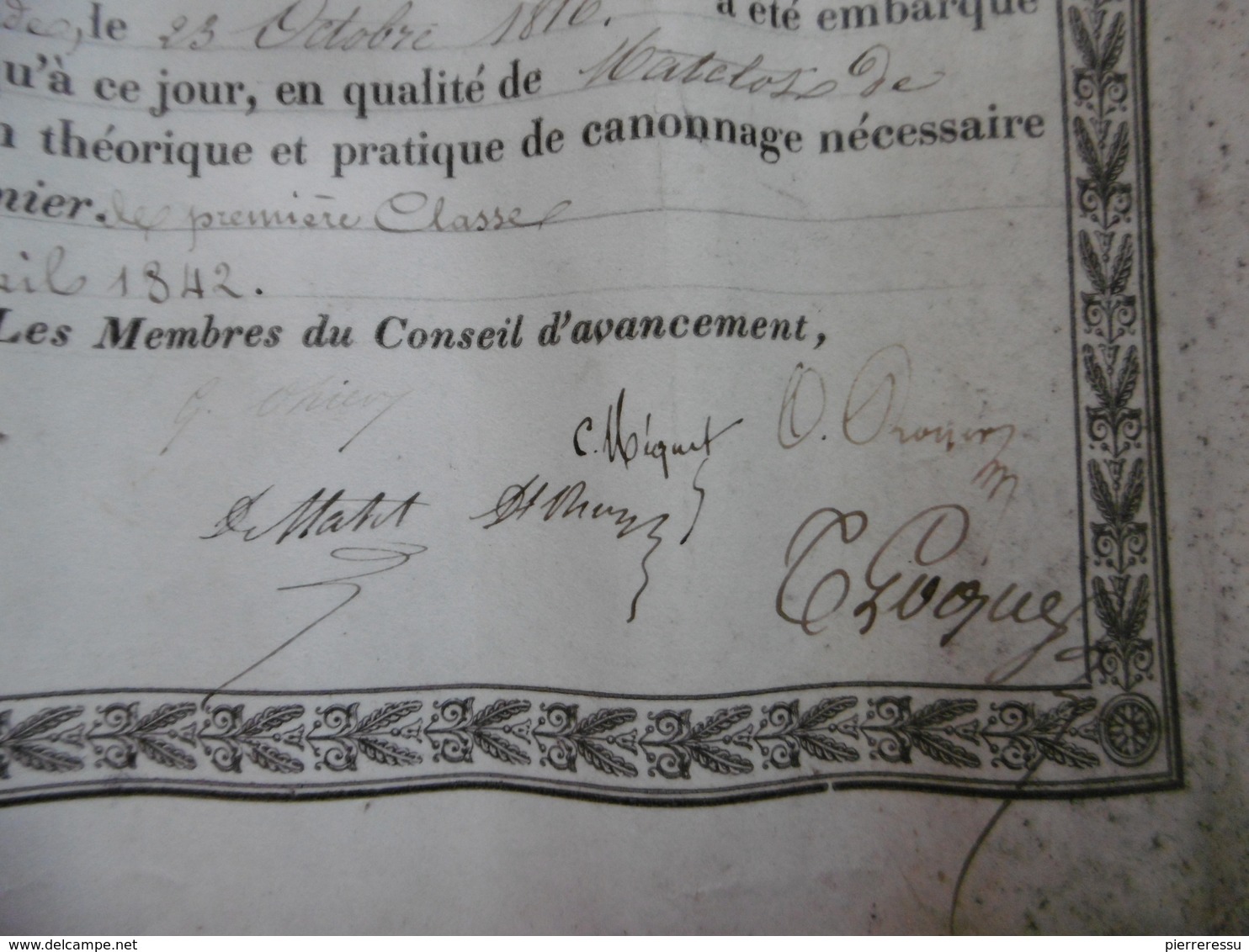 MARINE ROYALE BREVET DE MATELOT CANONNIER 2è COMPAGNIE A SEIGNAC PIERRE FREGATE D INSTRUCTION LA VENUS 1842 LOQUE CAPITA - Documents