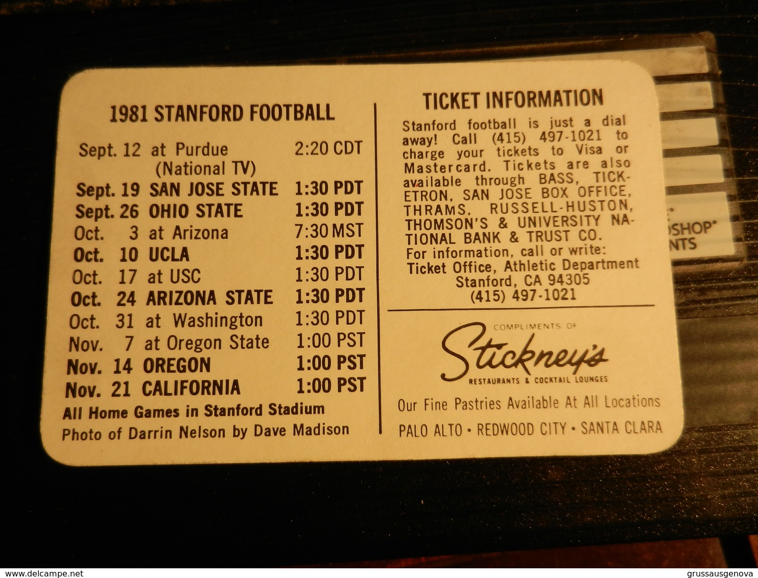 19830) STANFORD FOOTBALL TICHET ? 1981 FORMATO 6 X 9 CIRCA - Sonstige & Ohne Zuordnung