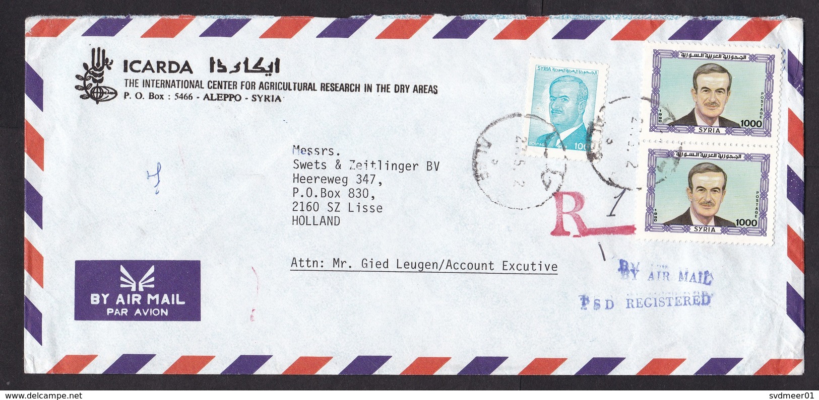 Syria: Registered Cover To Netherlands, 1992, 3 Stamps, 2 Types President Assad (traces Of Use) - Syrië