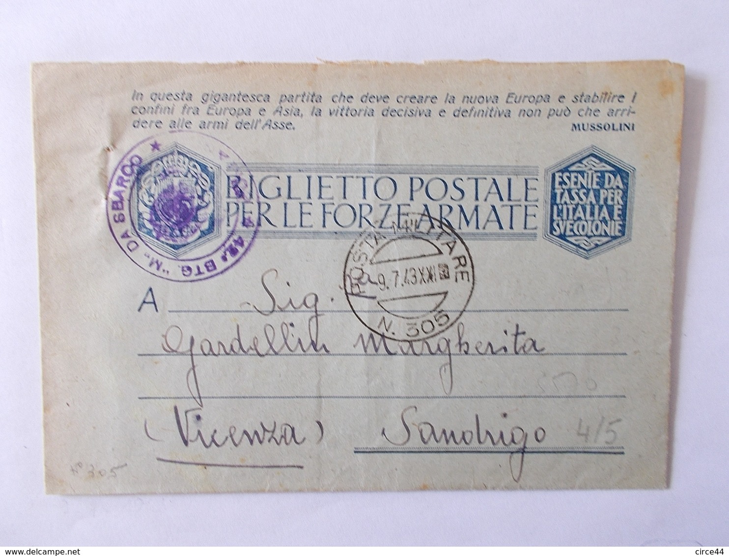 MILITARIA.GUERRE 39/45.RARE DOCUMENT.OCCUPATION ITALIENNE POSTA MILITARE.N°305.TAMARIS. - Militaria