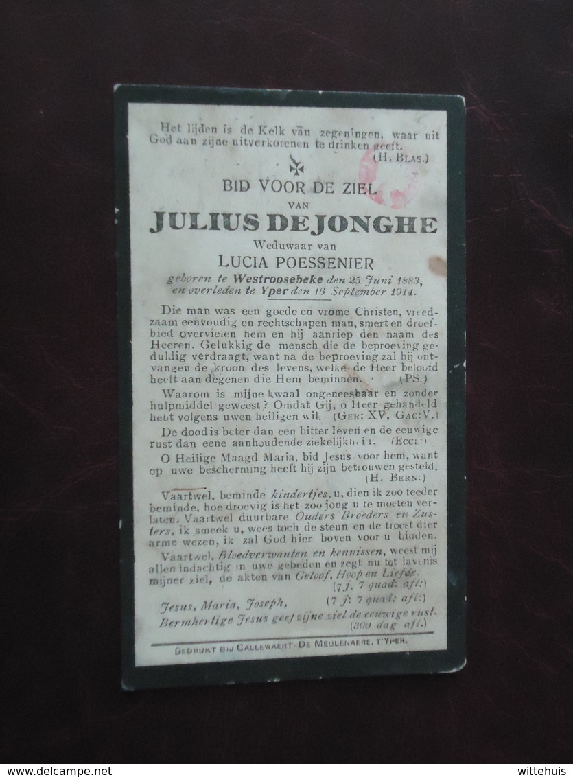 Julius De Jonghe - Poessenier Geboren Te Westroosebeke 1883 En Overleden  Te Yper 1914  (2scans) - Godsdienst & Esoterisme