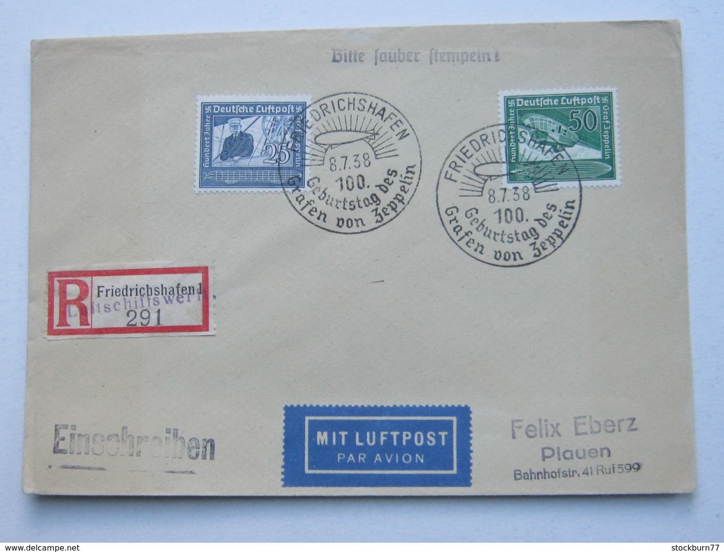 1938 , Luftschiffwerft , R-Zettel Auf Brief Mit Zeppelinmarken + Stempel - Briefe U. Dokumente