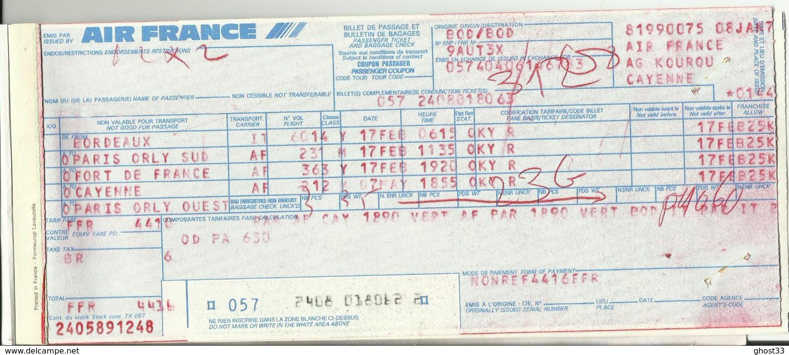 AIR FRANCE - Billet/Ticket Passager - 1978 - BORDEAUX/PARIS ORLY/FORT DE FRANCE/CAYENNE/PARIS ORLY - Tickets