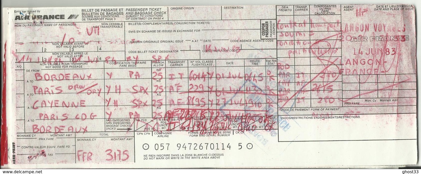 AIR FRANCE - Billet/Ticket Passager - 1983 - BORDEAUX/PARIS ORLY/CAYENNE/PARIS CDG/BORDEAUX - Biglietti