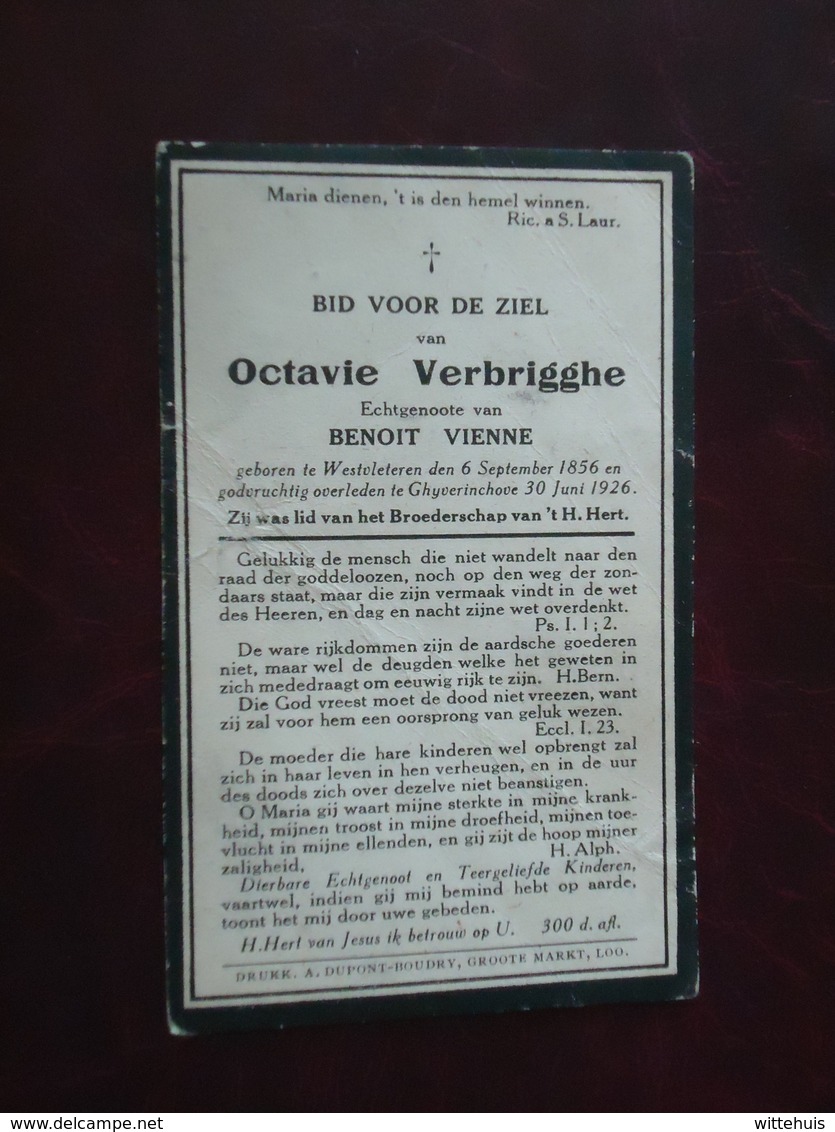 Octavie Verbrigghe - Vienne  Geboren Te Westvleteren 1856 En Overleden  Te Ghyverinchove 1926  (2scans) - Godsdienst & Esoterisme