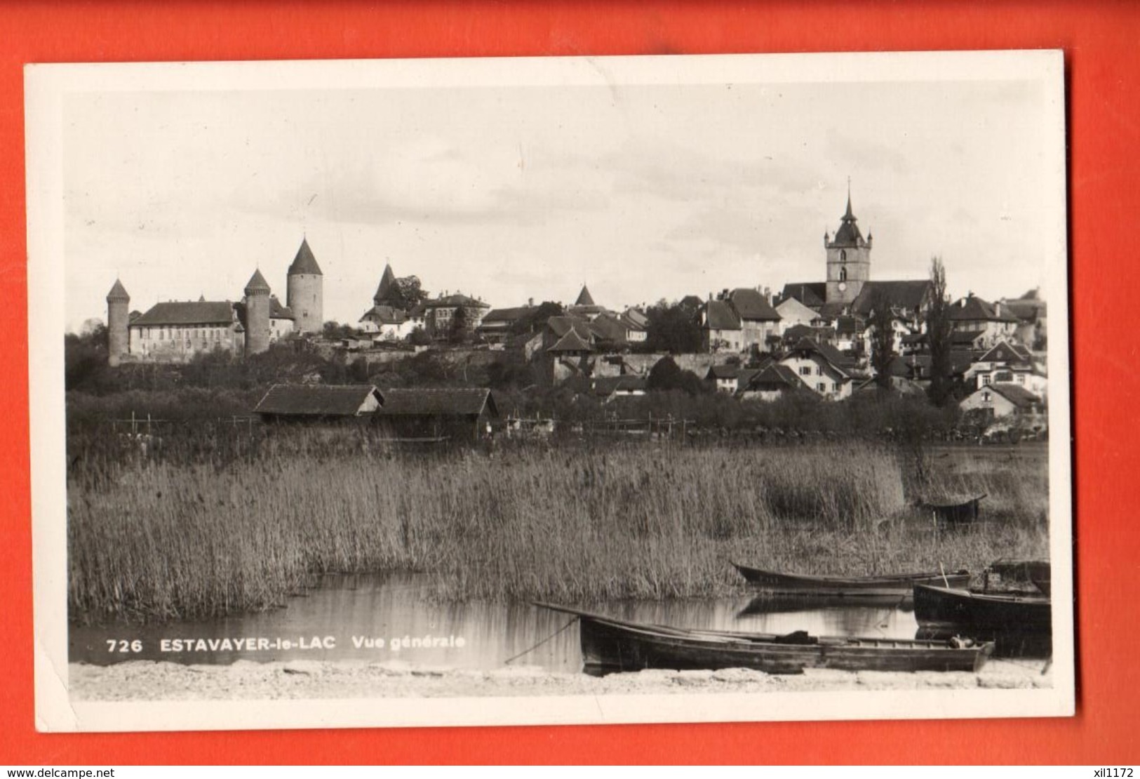 EBG-40 Estavayer Le Lac, Vue Générale Aec Lac Et Barques Au Premier Plan. Cachet Militaire - Estavayer