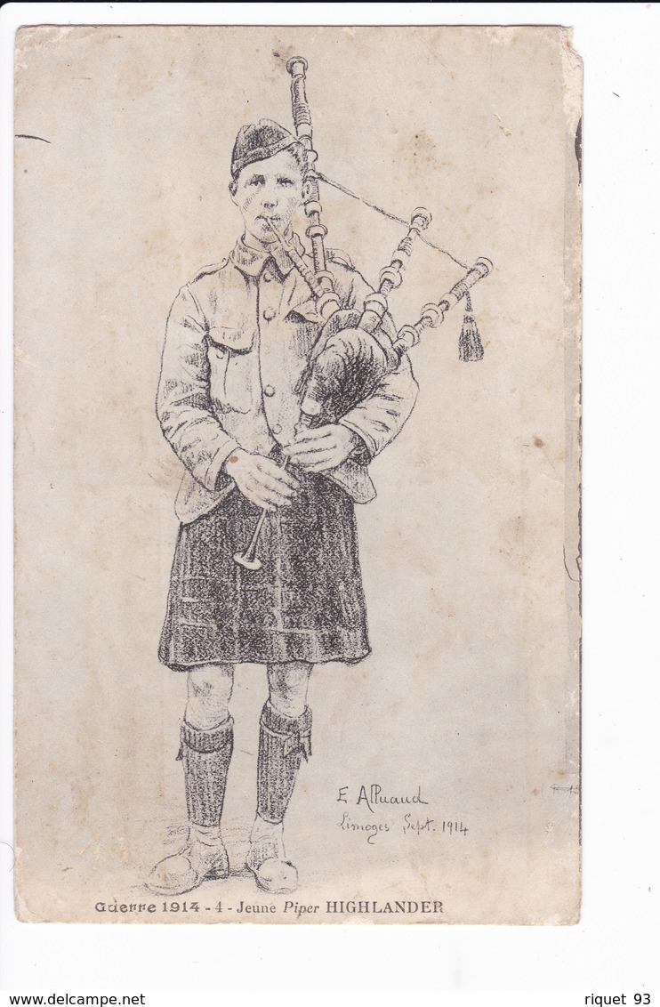 Lot 3 Cp-Guerre 1914-1- HIGHLANDER, Black Watch.-4. Jeune Piper-2. M'ZIOUD (dessin Signé E. Alluaud. Limoges Sept. 1914) - Uniforms