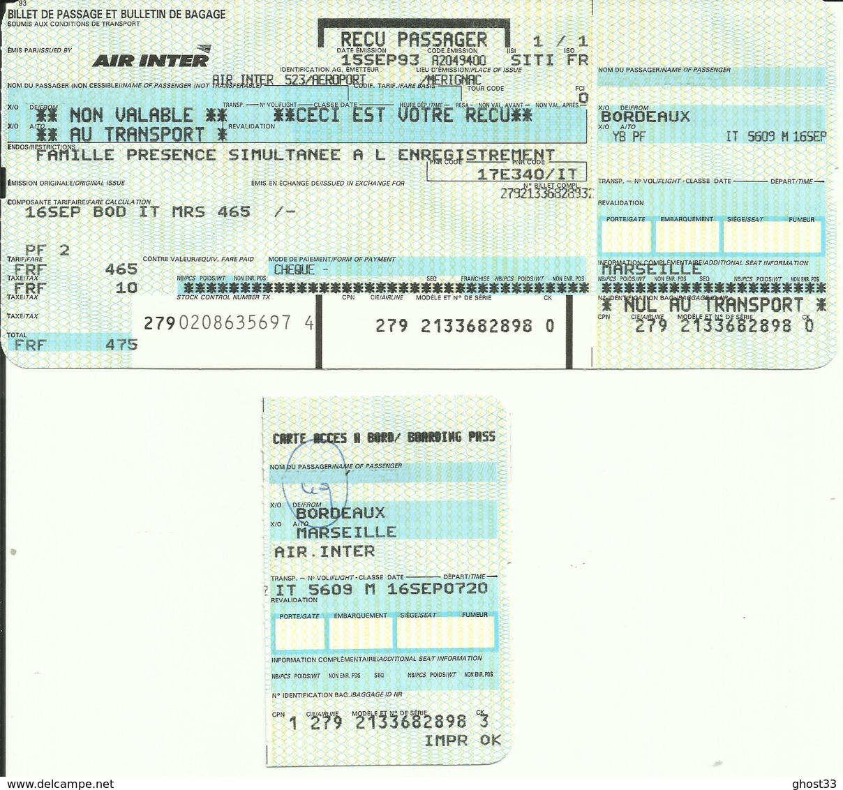 AIR INTER - Pochette Avec Billet De Passage/Bulletin Passager Et Carte D'Accès à Bord - 1993 - BORDEAUX/MARSEILLE - Tickets