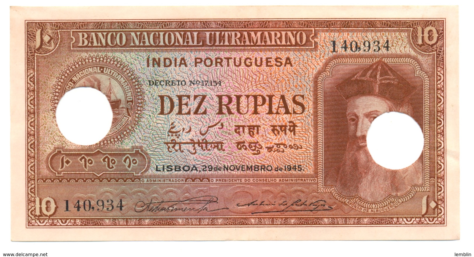 INDE PORTUGAISE 10 ROUPIES 1945 - India