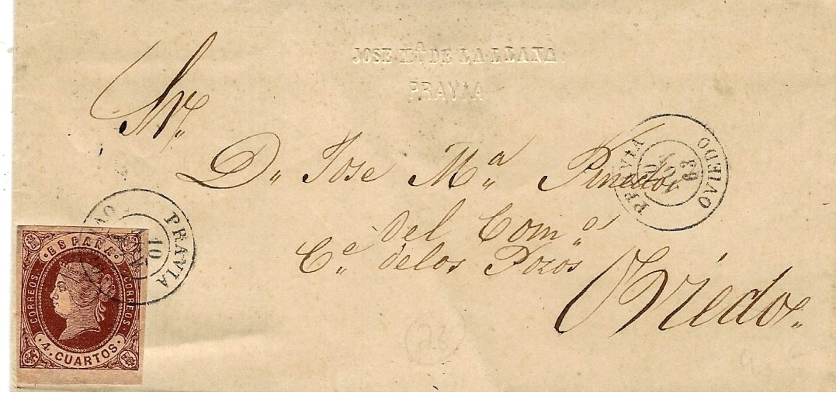 1863 - Lettre De PRAVIA ( Oviedo ) Affr. 4 Cuartos   Pour Oviedo - Lettres & Documents