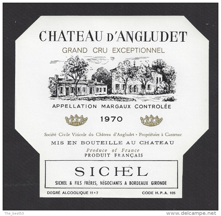 Etiquette De Vin Margaux 1970  -  Cru Bourgeois Supérieur   -  Chateau D'Angludet  -  Sté à Cantenac  (33) - Bordeaux