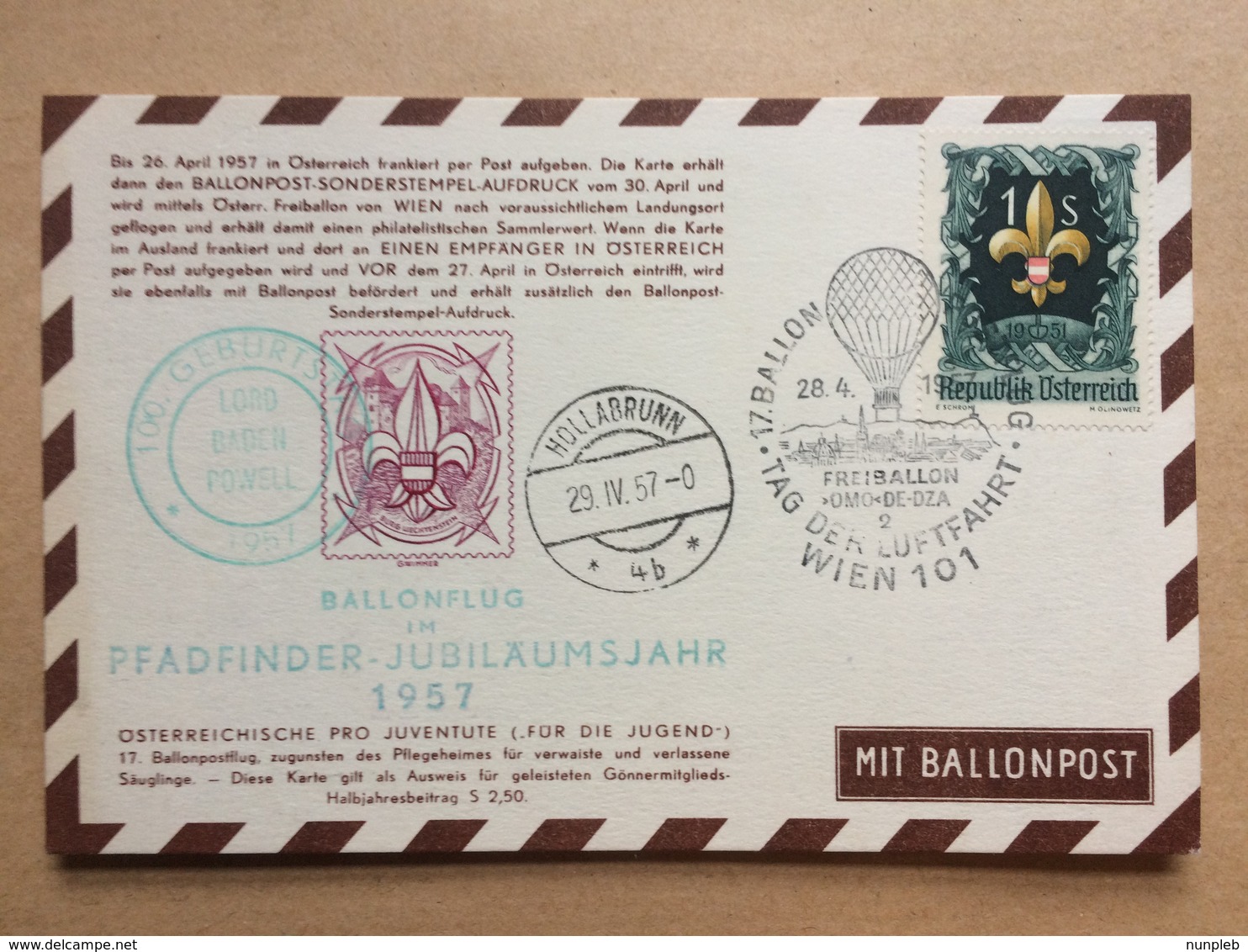 AUSTRIA 1957 Postcard - Scout - Pfadfinder Jubilaumsjahr - Hollabrunn - Mit Ballonpost - Briefe U. Dokumente