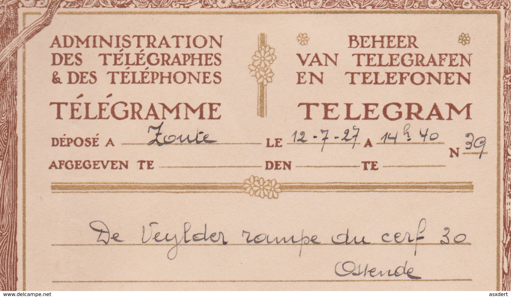 Huwelijk Mariage Administration TELEGRAM  N°2 Télégramme Déposé: ZOUTE 1927 Rampe Du Cerf 30 OSTENDE - Telegrams
