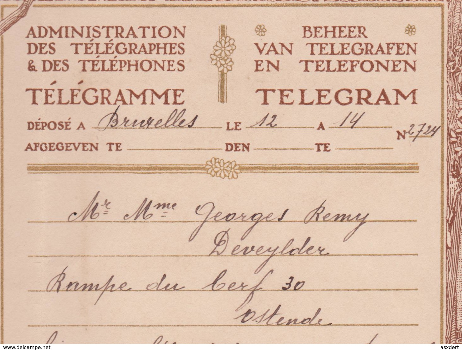 Huwelijk Mariage Administration TELEGRAM  N°2 Télégramme Déposé: BRUX. 1927 Rampe Du Cerf 30 OSTENDE - Telegrams