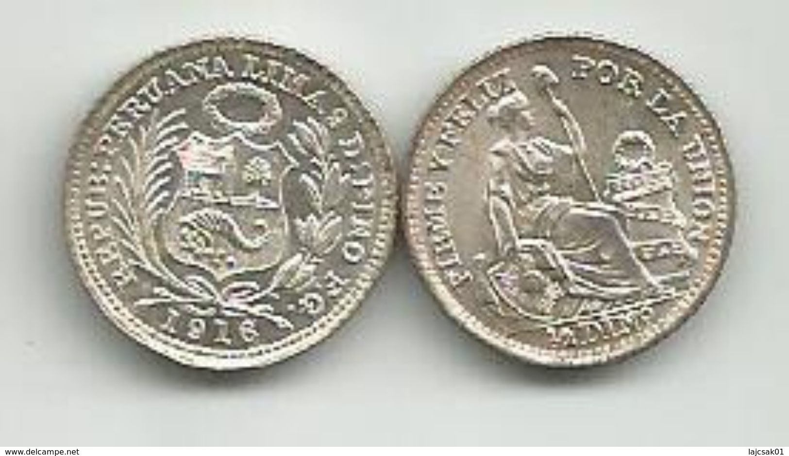 Peru 1/2 Dinero 1916. UNC Ag Silver - Perú