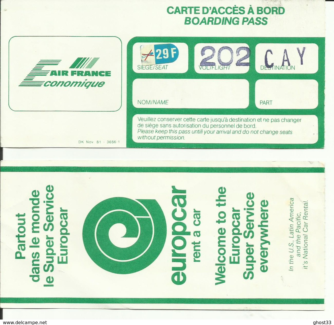 AIR FRANCE - Carte D'Embarquement/Boarding Pass - 1988 - QUITO/CAYENNE - Cartes D'embarquement