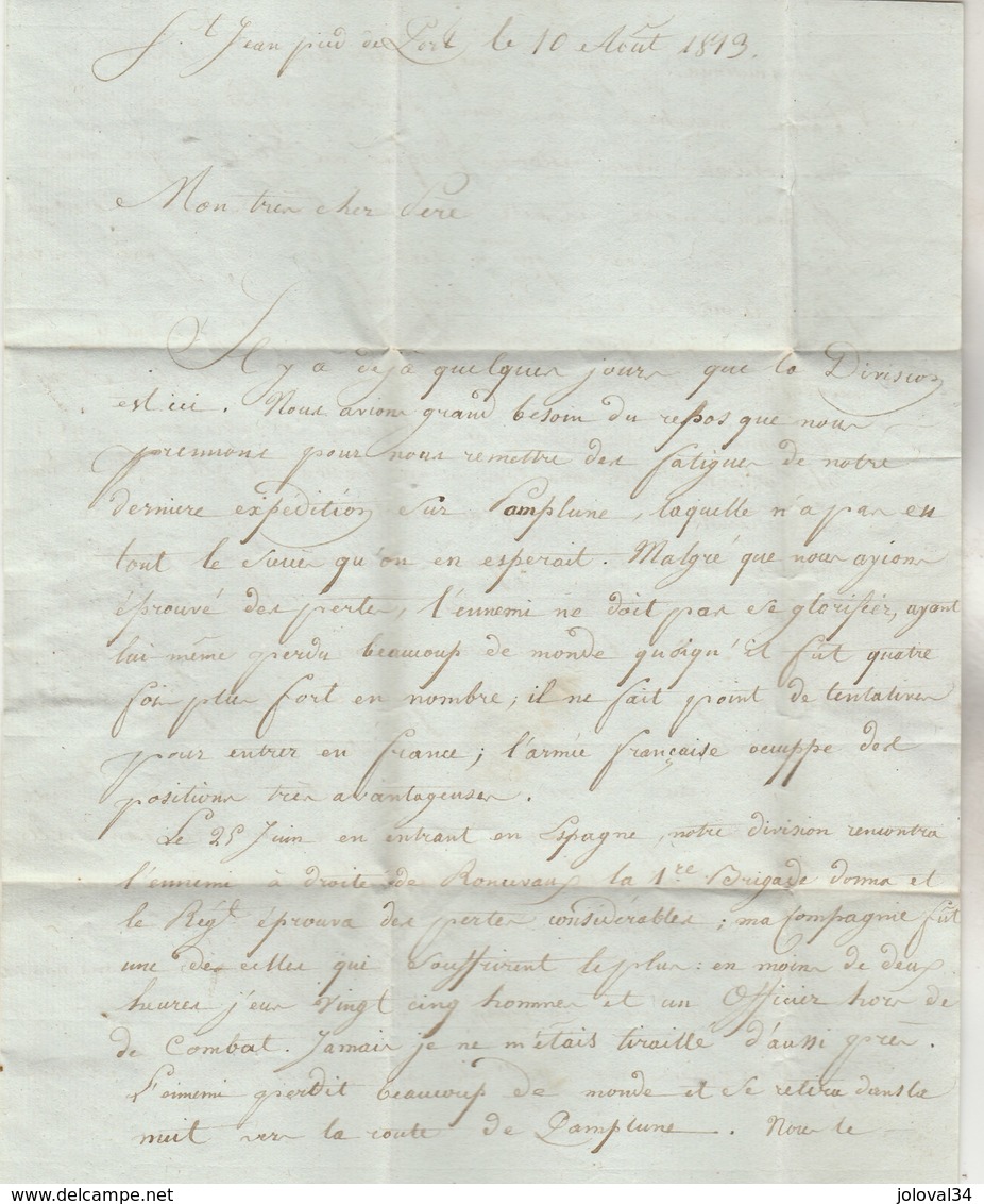 Lettre Marque Postale 64 ST JEAN PIED DE PORT Basses Pyrénées 10/8/1813 Texte 3 Pages Soldat Guerre D'Espagne - 1801-1848: Précurseurs XIX