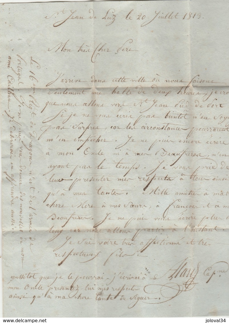 Lettre Marque Postale 64 ST JEAN PIED DE LUZ Basses Pyrénées 20/7/1813 Texte De Soldat Guerre D'Espagne - 1801-1848: Précurseurs XIX