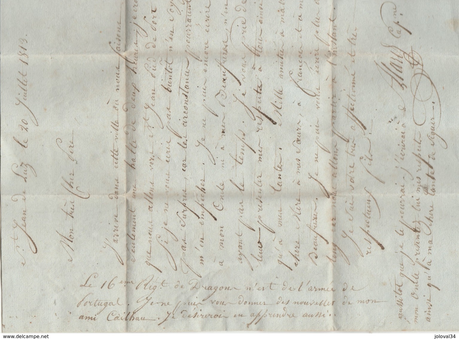 Lettre Marque Postale 64 ST JEAN PIED DE LUZ Basses Pyrénées 20/7/1813 Texte De Soldat Guerre D'Espagne - 1801-1848: Précurseurs XIX