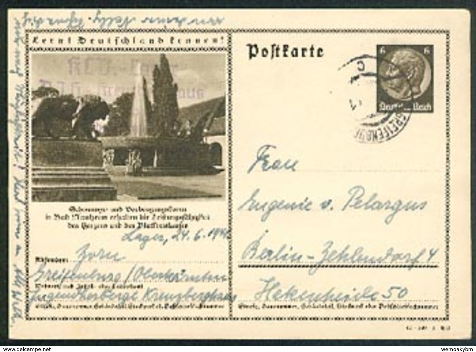 DR: 2 GA-Postkarten Bad Nauheim Springbrunnen Wasserspiele Mit 6 Pf Hindenburg Postfrisch Und Gelaufen 24.6.41 Knr: P236 - Briefe U. Dokumente