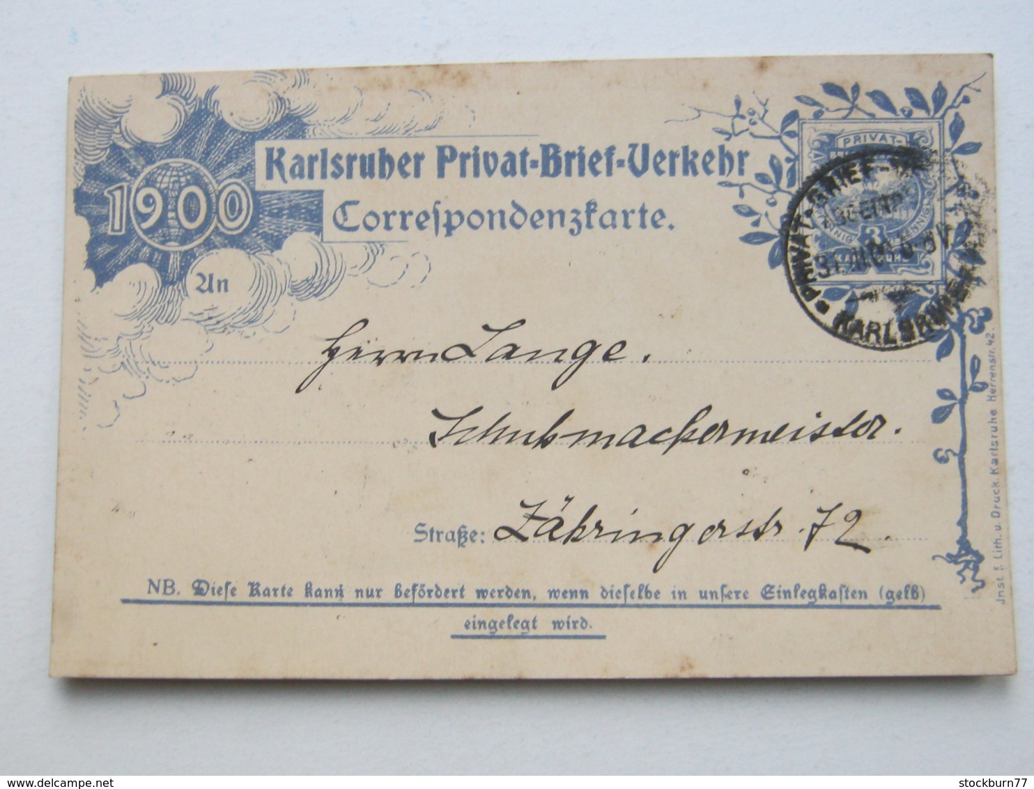 1900 , KARLSRUHE , Privatpost , Ganzsache Mit Rs. Text , Recht Selten - Briefe U. Dokumente