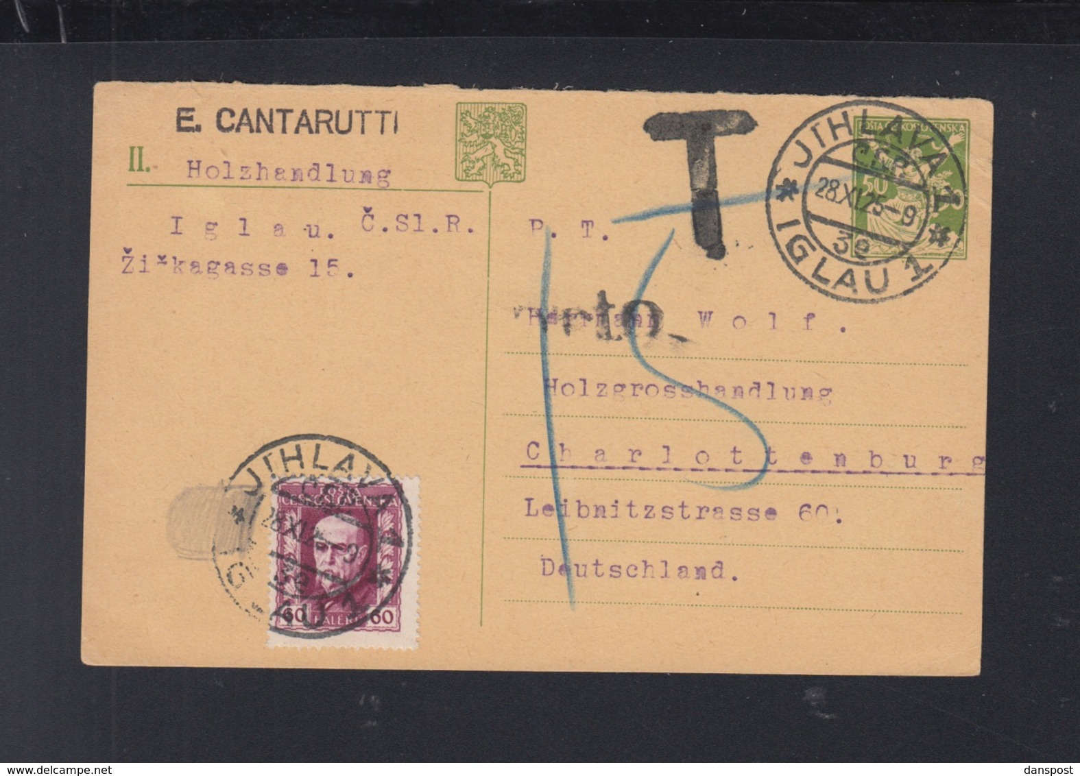 Czechoslovakia Stationery 1925 Jilhava To Germany Tax - Covers & Documents