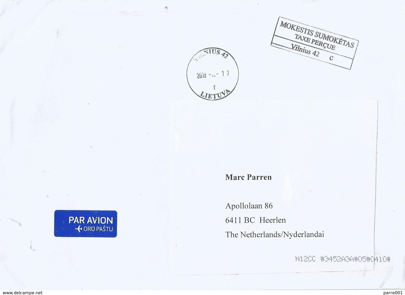 Lithuania 2018 Vilnius 42 Unfranked Postage Paid Handstamp Cover - Lithuania