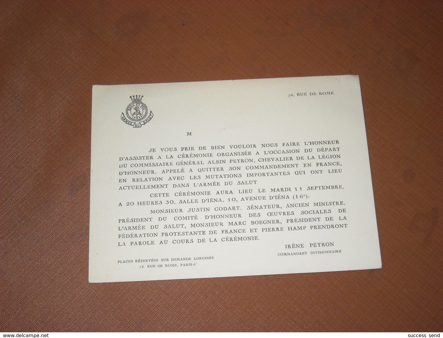 CARTE INVITATION 11/09/1933 DEPART COMMANDANT Albin PEYRON ARMEE DU SALUT, LEGION D'HONNEUR. Irène PEYRON Commandant Div - Cartes De Visite